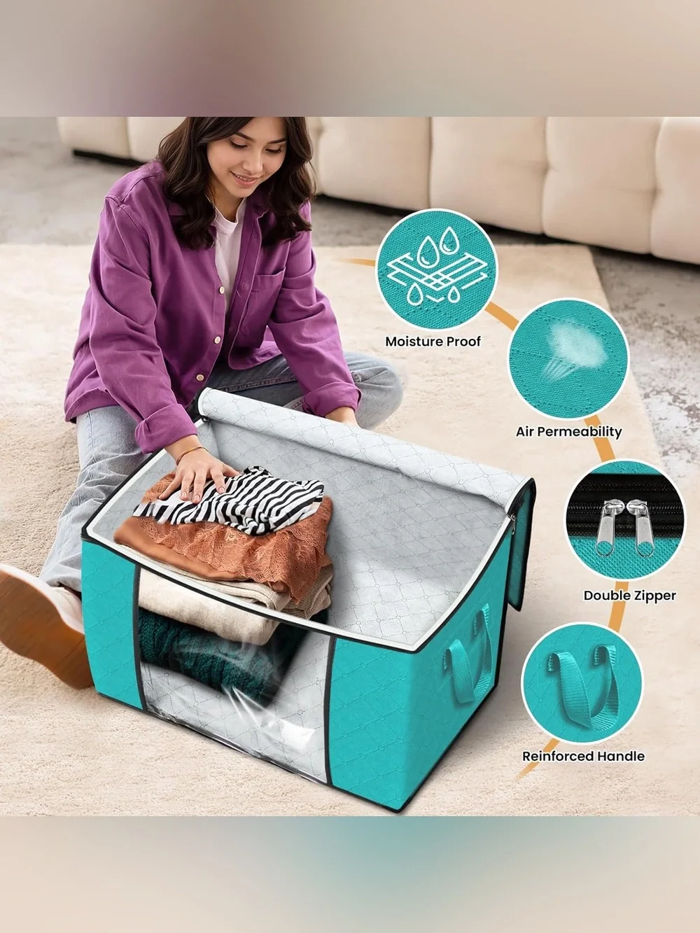 Large Turquoise Fabric Storage Bins - 4 Pack